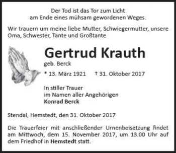Traueranzeige von Gertrud Krauth (geb. Berck)  von Magdeburger Volksstimme