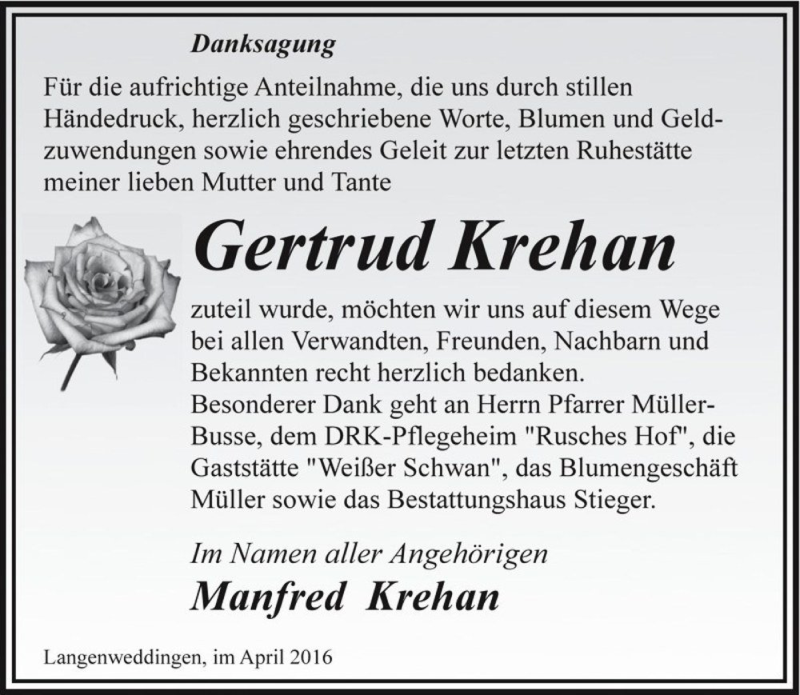  Traueranzeige für Gertrud Krehan  vom 16.04.2016 aus Magdeburger Volksstimme