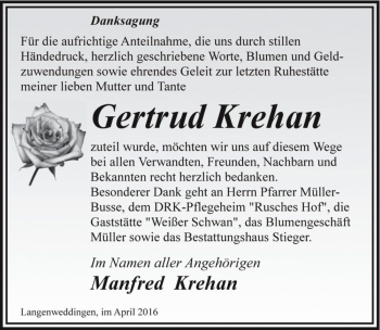 Traueranzeige von Gertrud Krehan  von Magdeburger Volksstimme
