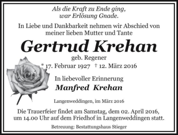 Traueranzeige von Gertrud Krehan (geb. Regeer)  von Magdeburger Volksstimme