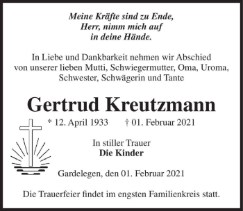 Traueranzeige von Gertrud Kreutzmann  von Magdeburger Volksstimme