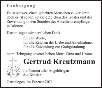 Traueranzeige von Gertrud Kreutzmann  von Magdeburger Volksstimme