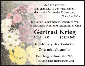 Traueranzeige von Gertrud Krieg  von Magdeburger Volksstimme