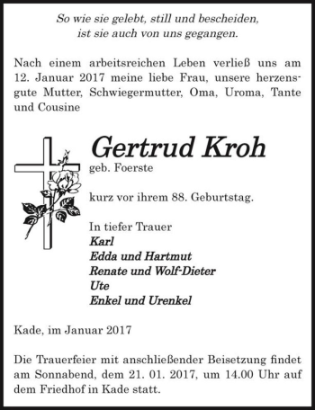 Traueranzeige von Gertrud Kroh (geb. Foerste)  von Magdeburger Volksstimme