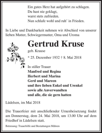 Traueranzeige von Gertrud Kruse (geb. Krause)  von Magdeburger Volksstimme