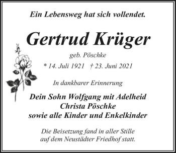 Traueranzeige von Gertrud Krüger (geb. Pöschke)  von Magdeburger Volksstimme