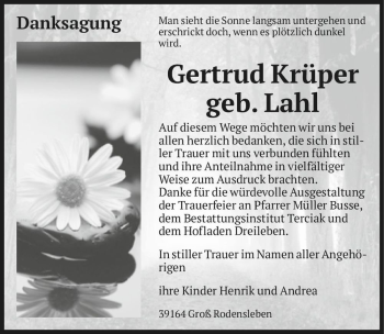 Traueranzeige von Gertrud Krüper (geb. Lahl)  von Magdeburger Volksstimme