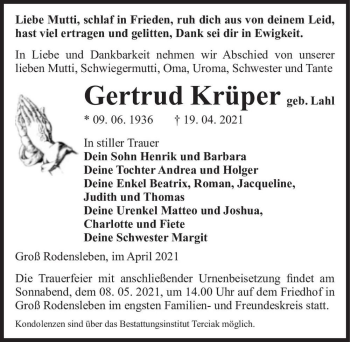 Traueranzeige von Gertrud Krüper (geb. Lahl)  von Magdeburger Volksstimme
