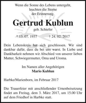 Traueranzeige von Gertrud Kublun (geb. Schiefer)  von Magdeburger Volksstimme