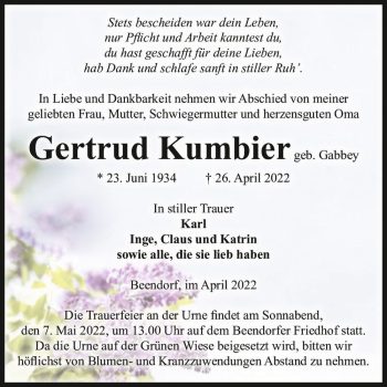 Traueranzeige von Gertrud Kumbier (geb. Gabbey)  von Magdeburger Volksstimme