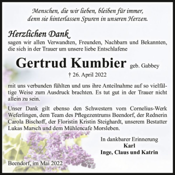 Traueranzeige von Gertrud Kumbier (geb. Gabbey)  von Magdeburger Volksstimme