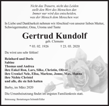Traueranzeige von Gertrud Kundolf (geb. Clemens)  von Magdeburger Volksstimme