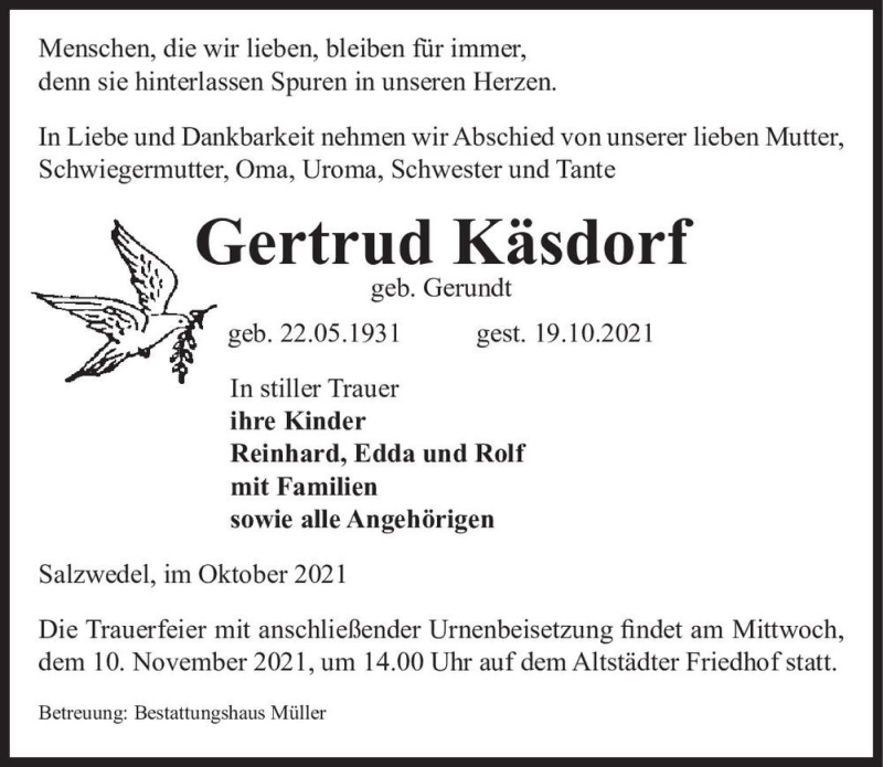  Traueranzeige für Gertrud Käsdorf (geb. Gerundt)  vom 23.10.2021 aus Magdeburger Volksstimme