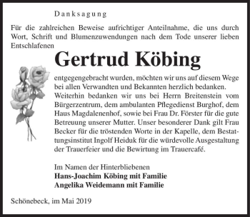 Traueranzeige von Gertrud Köbing  von Magdeburger Volksstimme