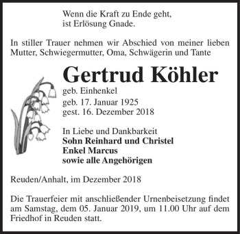 Traueranzeige von Gertrud Köhler (geb. Einhenkel)  von Magdeburger Volksstimme