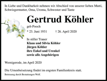 Traueranzeige von Gertrud Köhler (geb. Pooch)  von Magdeburger Volksstimme