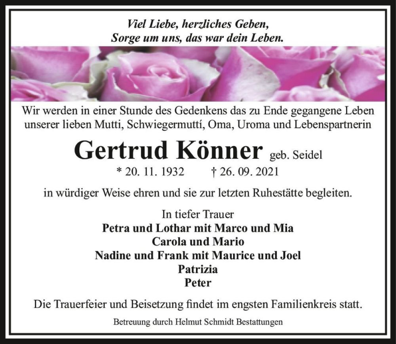  Traueranzeige für Gertrud Könner (geb. Seidel)  vom 09.10.2021 aus Magdeburger Volksstimme