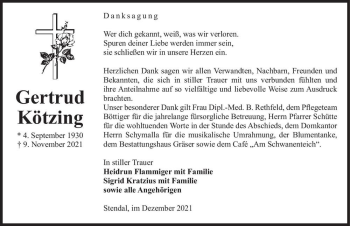 Traueranzeige von Gertrud Kötzing  von Magdeburger Volksstimme