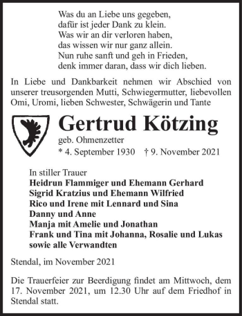 Traueranzeige von Gertrud Kötzing (geb. Ohmenzetter)  von Magdeburger Volksstimme