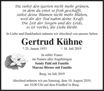 Traueranzeige von Gertrud Kühne  von Magdeburger Volksstimme
