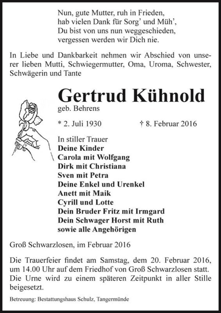  Traueranzeige für Gertrud Kühnold (geb. Behrens)  vom 12.02.2016 aus Magdeburger Volksstimme