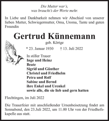Traueranzeige von Gertrud Künnemann (geb. Körtge)  von Magdeburger Volksstimme