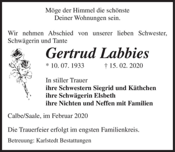 Traueranzeige von Gertrud Labbies  von Magdeburger Volksstimme