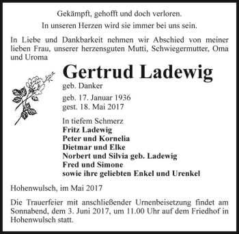Traueranzeige von Gertrud Ladewig (geb. Danker)  von Magdeburger Volksstimme