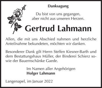 Traueranzeige von Gertrud Lahmann  von Magdeburger Volksstimme