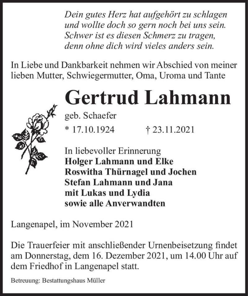 Traueranzeige für Gertrud Lahmann (geb. Schaefer)  vom 26.11.2021 aus Magdeburger Volksstimme