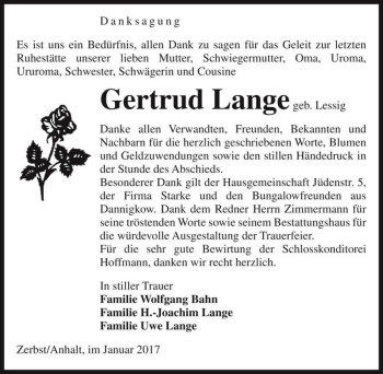 Traueranzeige von Gertrud Lange (geb. Lessig)  von Magdeburger Volksstimme