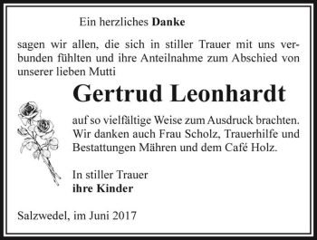 Traueranzeige von Gertrud Leonhardt  von Magdeburger Volksstimme
