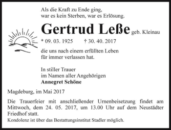 Traueranzeige von Gertrud Leße (geb. Kleinau)  von Magdeburger Volksstimme