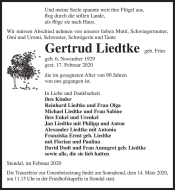 Traueranzeige von Gertrud Liedtke (geb. Fries)  von Magdeburger Volksstimme