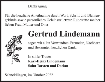 Traueranzeige von Gertrud Lindemann  von Magdeburger Volksstimme