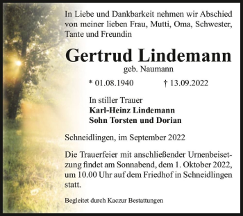 Traueranzeige von Gertrud Lindemann (geb. Naumann)  von Magdeburger Volksstimme
