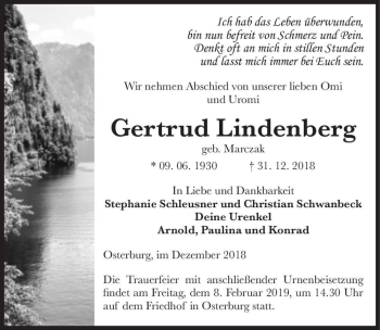 Traueranzeige von Gertrud Lindenberg (geb. Marczak)  von Magdeburger Volksstimme