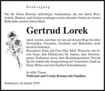 Traueranzeige von Gertrud Lorek  von Magdeburger Volksstimme