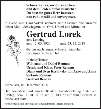 Traueranzeige von Gertrud Lorek (geb. Lenzing)  von Magdeburger Volksstimme