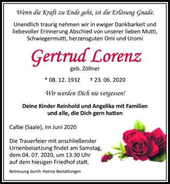 Traueranzeige von Gertrud Lorenz (geb. Zöllner)  von Magdeburger Volksstimme