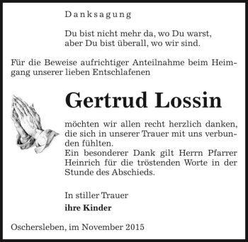 Traueranzeige von Gertrud Lossin  von Magdeburger Volksstimme