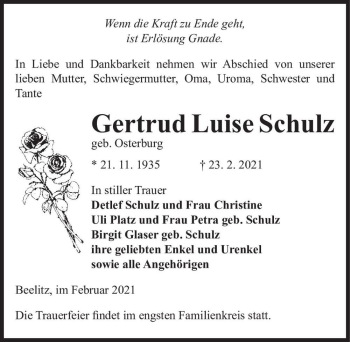 Traueranzeige von Gertrud Luise Schulz (geb. Osterburg)  von Magdeburger Volksstimme