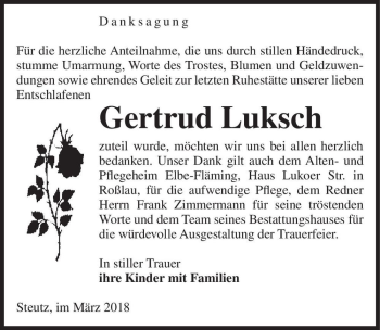 Traueranzeige von Gertrud Luksch  von Magdeburger Volksstimme