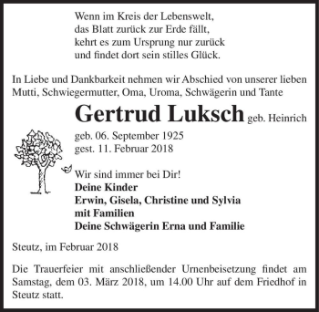 Traueranzeige von Gertrud Luksch (geb. Heinrich)  von Magdeburger Volksstimme