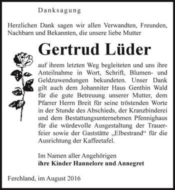 Traueranzeige von Gertrud Lüder  von Magdeburger Volksstimme