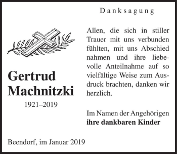Traueranzeige von Gertrud Machnitzki  von Magdeburger Volksstimme