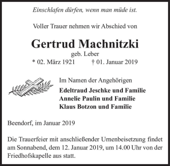 Traueranzeige von Gertrud Machnitzki (geb. Leber)  von Magdeburger Volksstimme