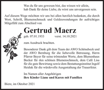 Traueranzeige von Gertrud Maerz von Magdeburger Volksstimme