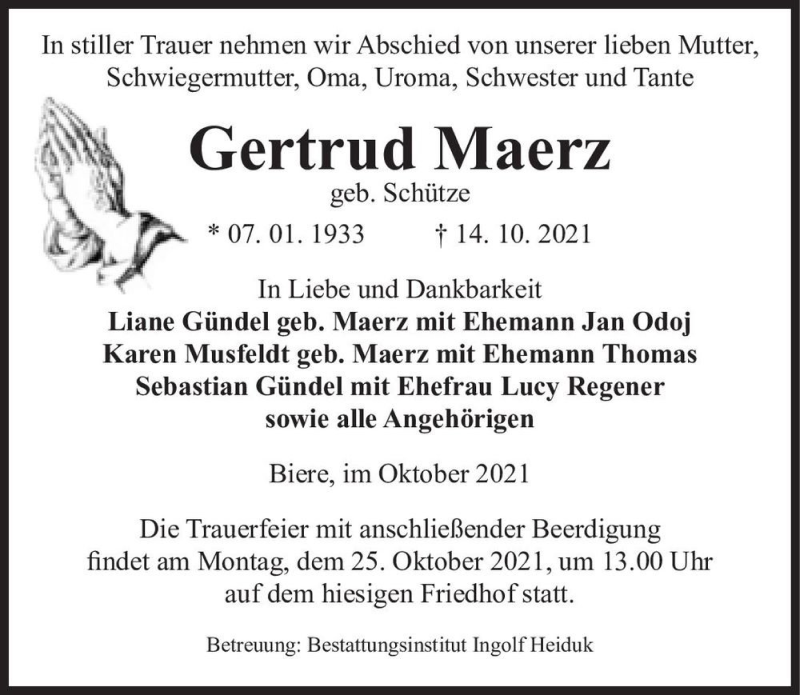  Traueranzeige für Gertrud Maerz vom 20.10.2021 aus Magdeburger Volksstimme