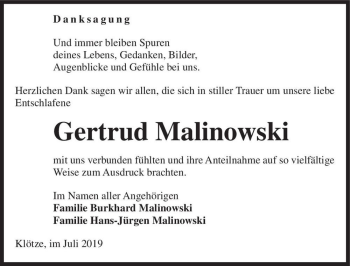 Traueranzeige von Gertrud Malinowski  von Magdeburger Volksstimme